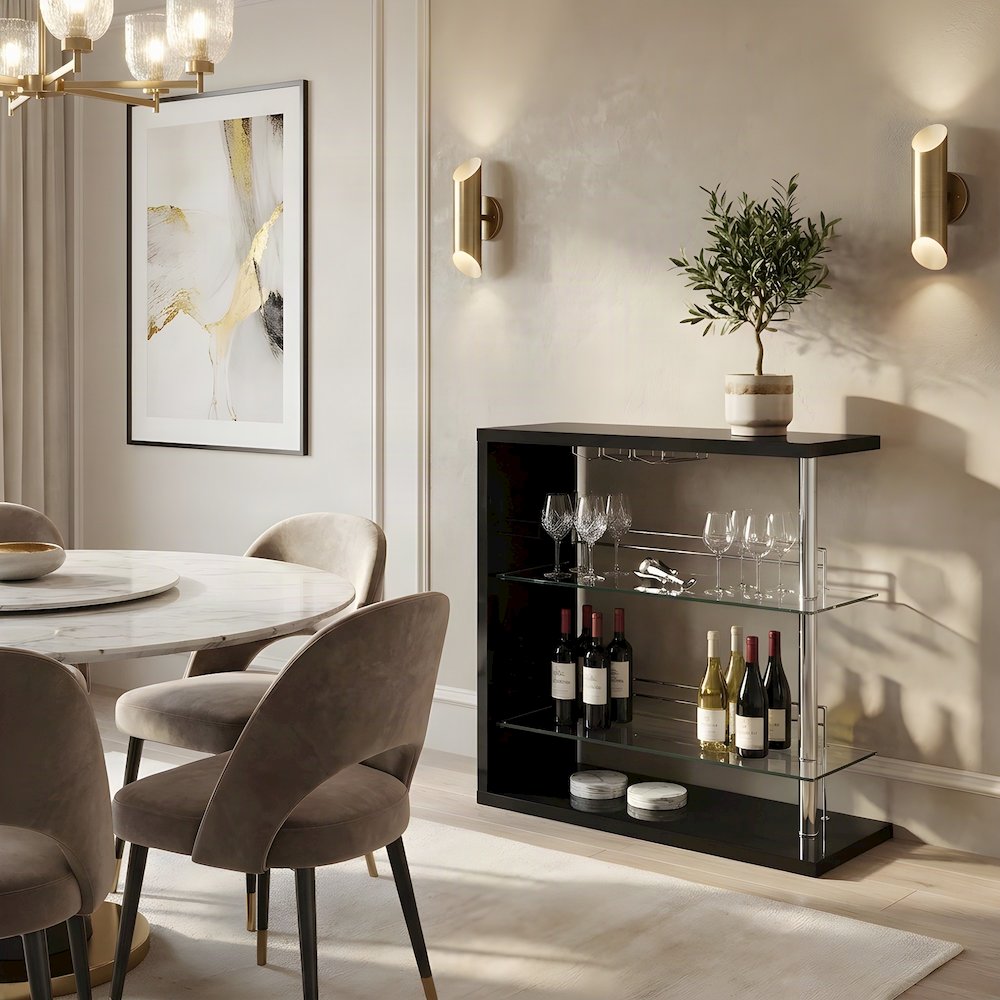Engineered Wood Rectangular Wine Table with Bar Rack, Black High Gloss