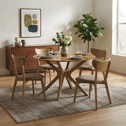 Solid Wood Round Pedestal Dining Table, Mid-Century Modern, Brown