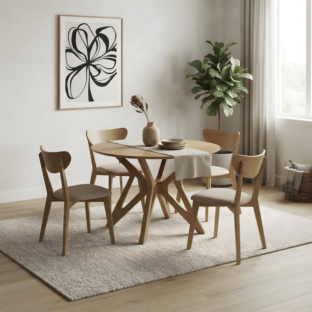 Solid Wood Round Pedestal Dining Table, Mid-Century Modern, Brown