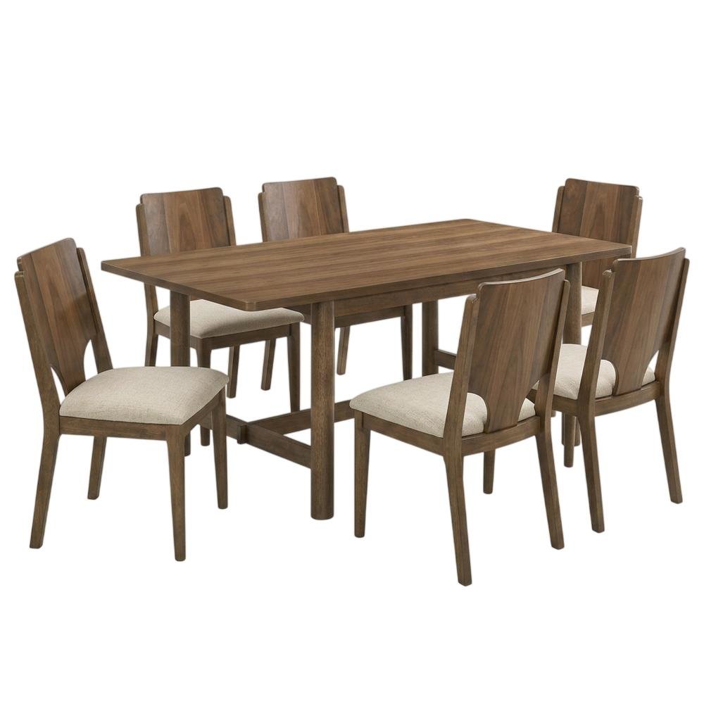 Wood Mid-Century Modern Rectangular Dining Table with Upholstered Chairs, Walnut