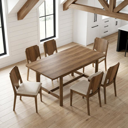 Wood Mid-Century Modern Rectangular Dining Table with Upholstered Chairs, Walnut