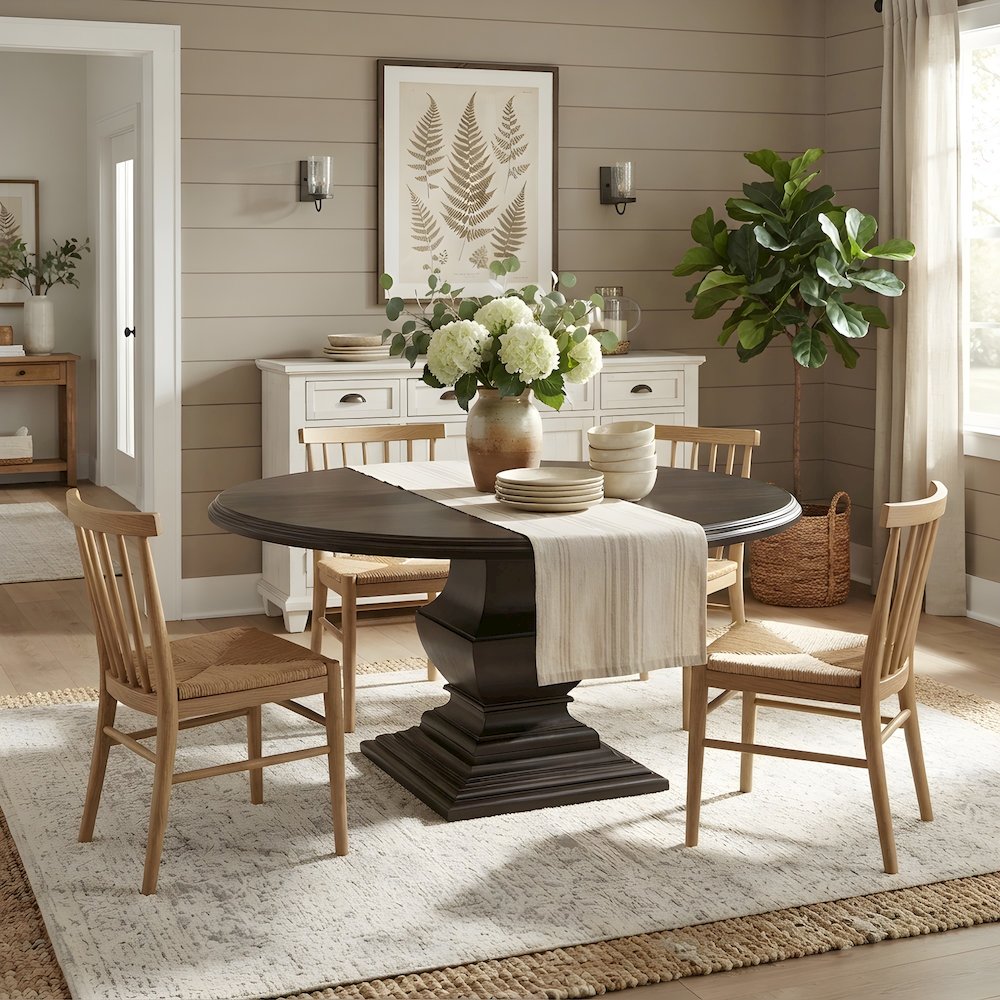 Round Wood Pedestal Dining Table for 6, Traditional, Dark Cocoa