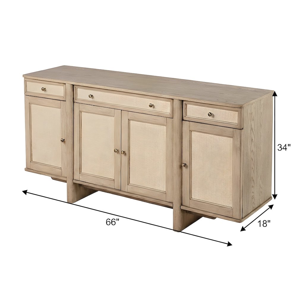 Wood Cane Sideboard Buffet Cabinet with 4-Door Storage, Beige Oak