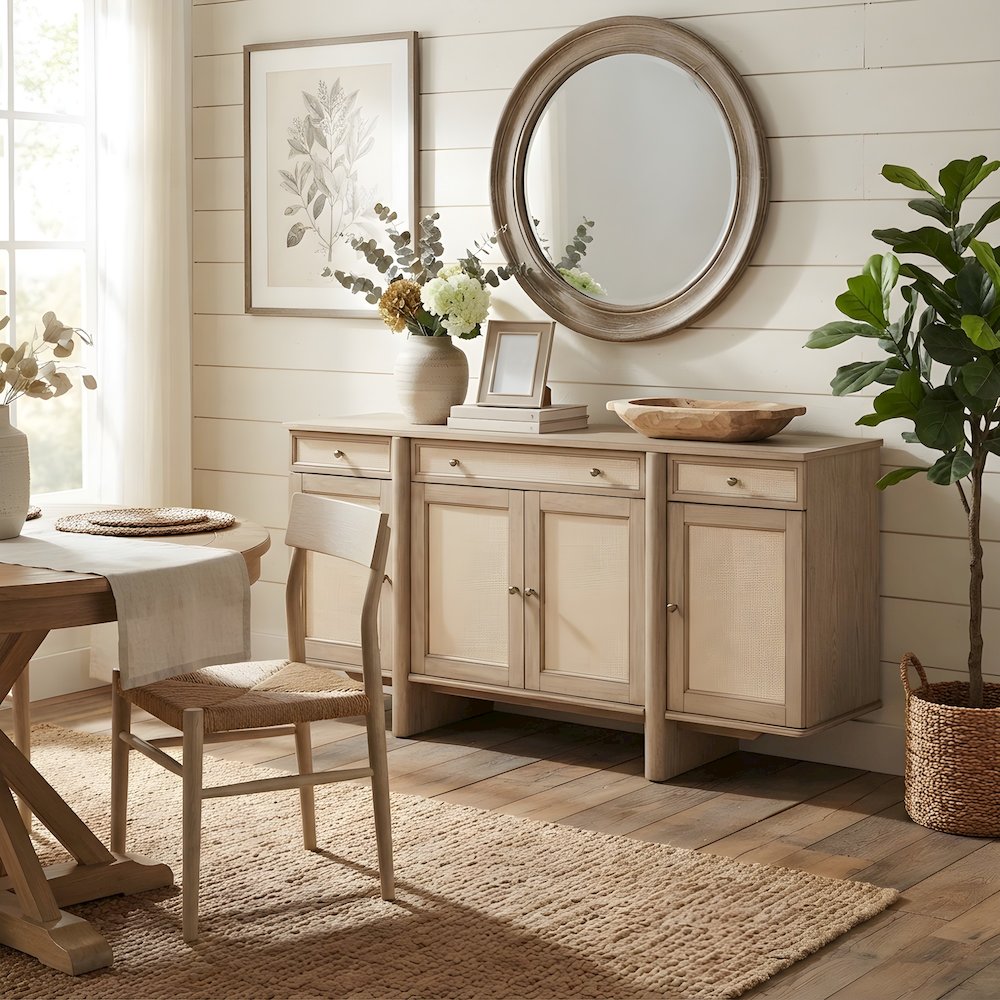 Wood Cane Sideboard Buffet Cabinet with 4-Door Storage, Beige Oak