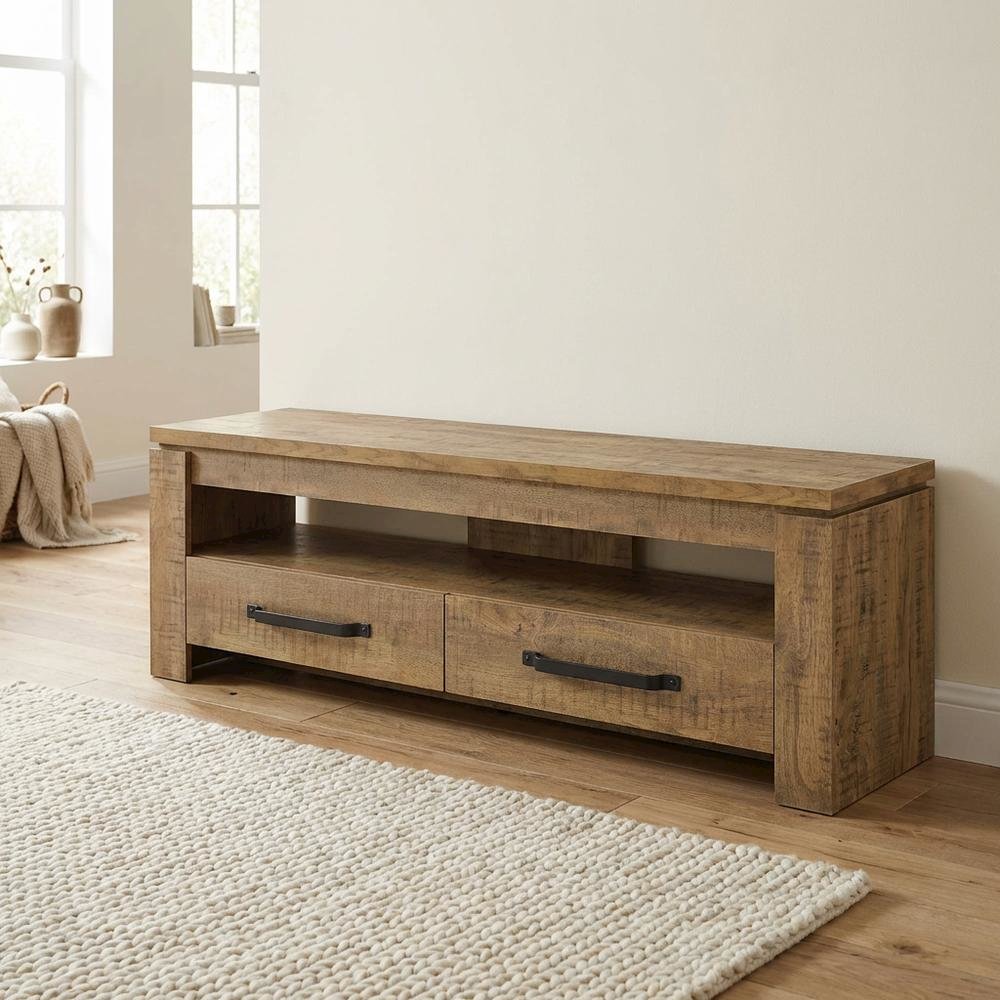 TV stand, 2 drawers, engineered wood, rubberwood solids & walnut veneers
