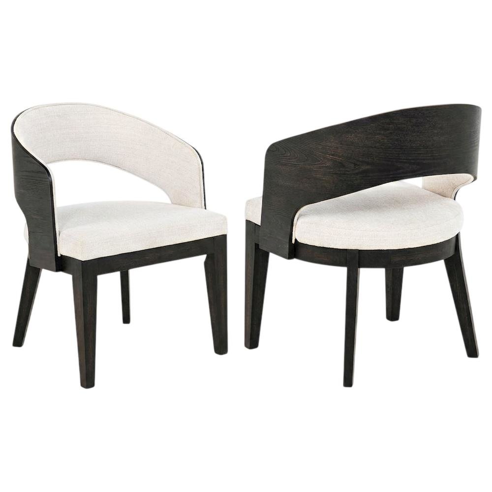 Upholstered Dining Arm Chairs, Burnished Black / Cream, Set of 2
