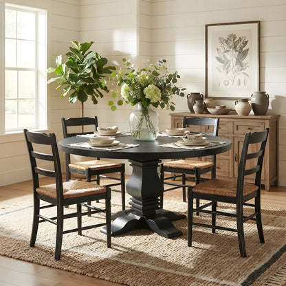 Wood Round Pedestal Dining Table for 6, Traditional, Distressed Black