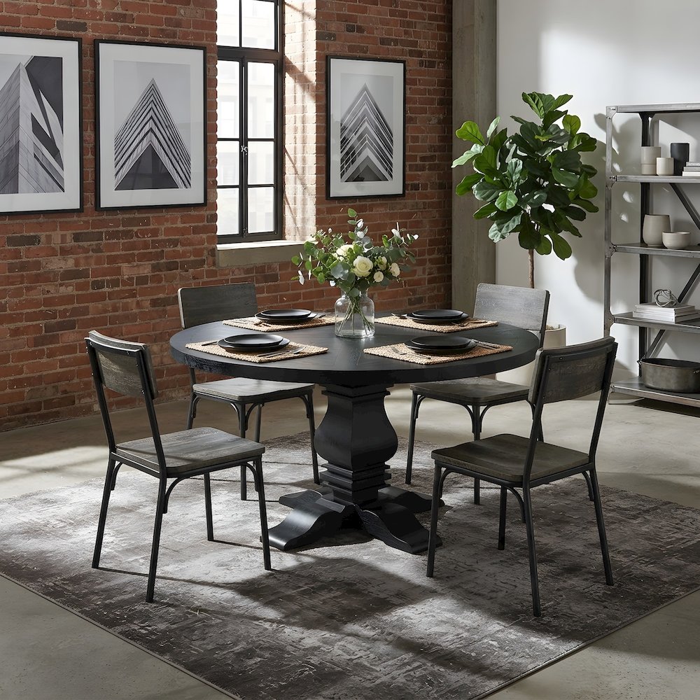 Wood Round Pedestal Dining Table for 6, Traditional, Distressed Black