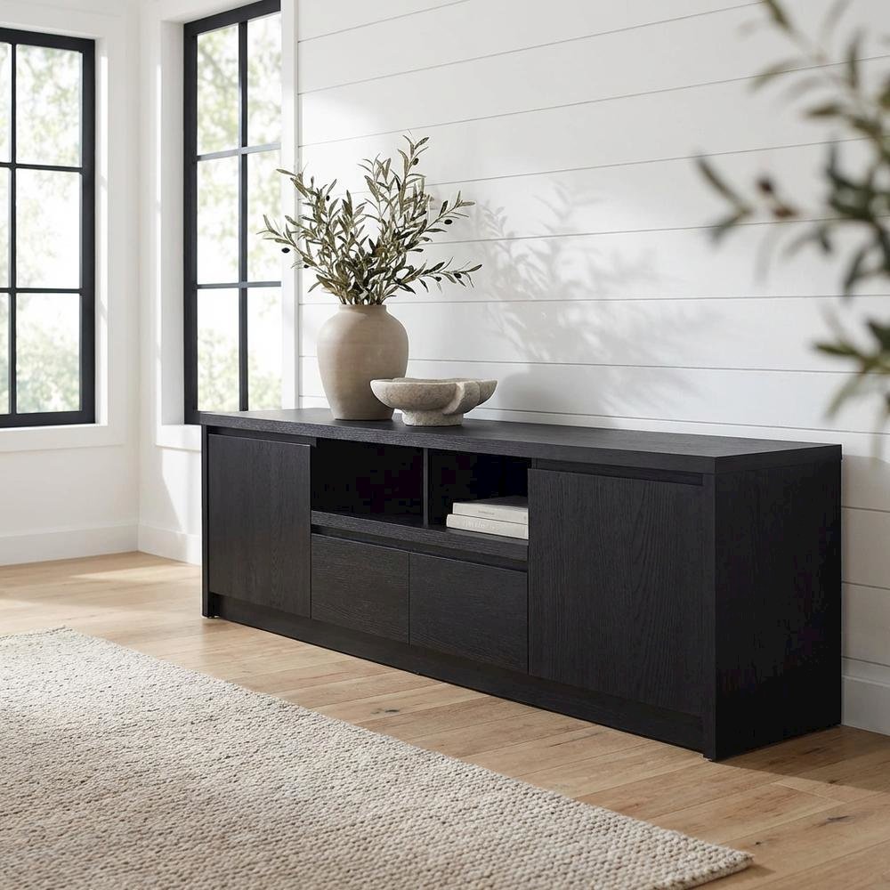 Black 78-Inch TV Stand with Engineered Wood Media Console and Contemporary Style