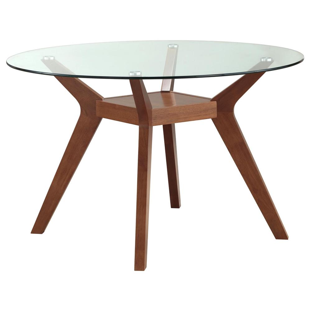 Sophisticated Round Dining Table with Clear Glass Top and Nutmeg Wood Base