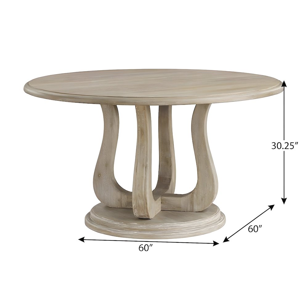 Round Wood Pedestal Dining Table, Farmhouse Style, White Washed