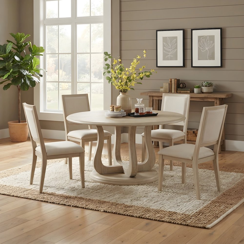 Round Wood Pedestal Dining Table, Farmhouse Style, White Washed