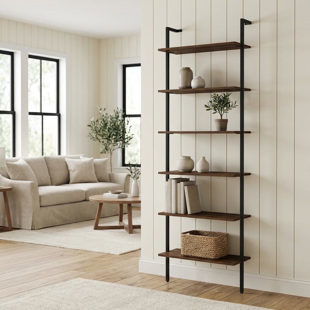 Walnut Wall Bookshelf with Six Shelves and Transitional Style