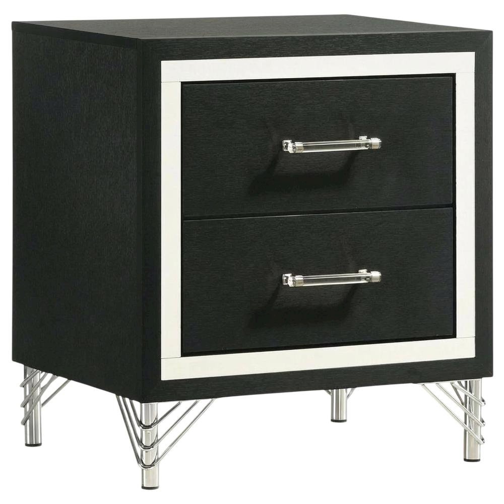 Black Nightstand with Modern Design and Silver Accents for Bedroom Use