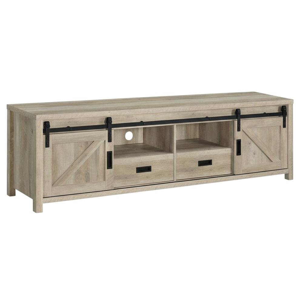 Brown Wood 2-Door TV Stand with Farmhouse Design and Distressed Finish