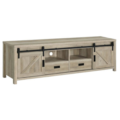 Brown Wood 2-Door TV Stand with Farmhouse Design and Distressed Finish