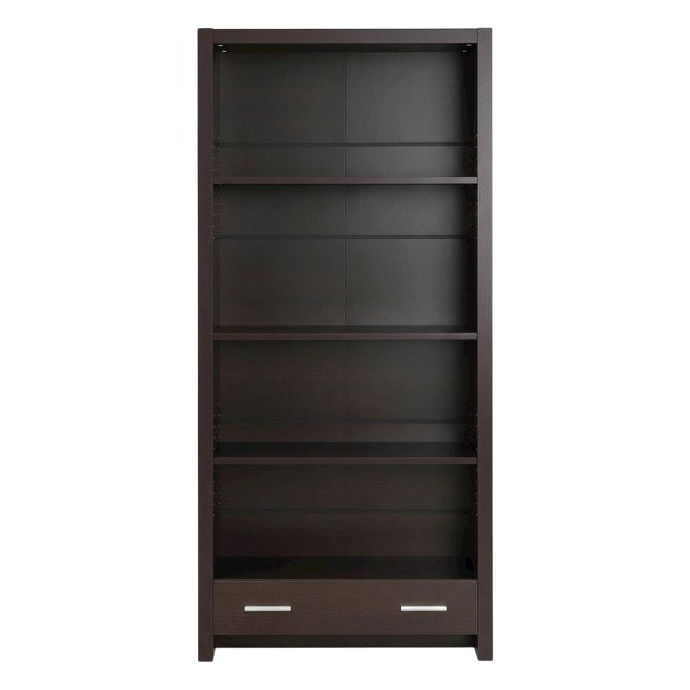 Brown 5-Shelf Bookcase with Drawer and Transitional Design