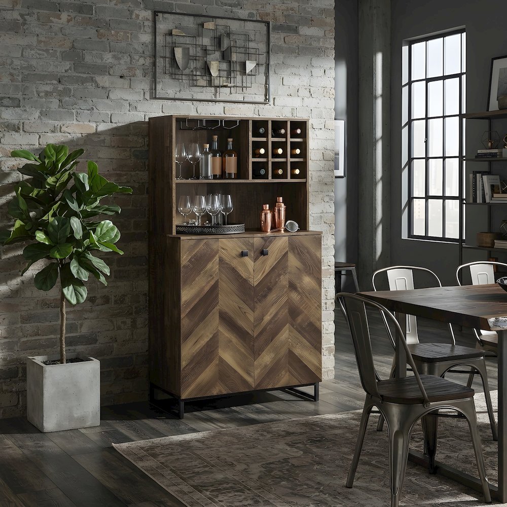 Farmhouse Bar Cabinet with Wine Storage, 2-Door Wood, Rustic Oak