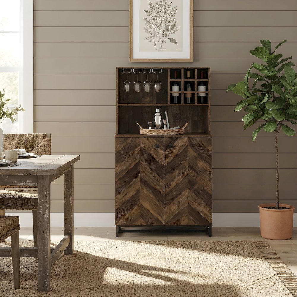 Farmhouse Bar Cabinet with Wine Storage, 2-Door Wood, Rustic Oak