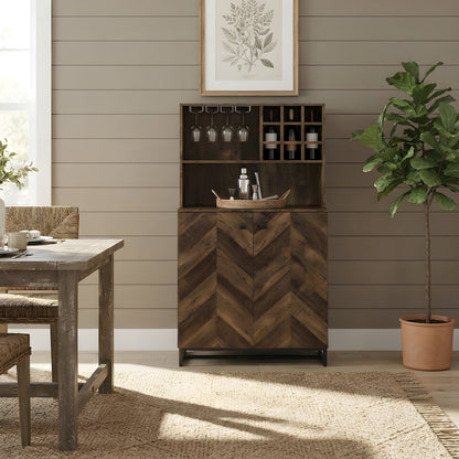 Farmhouse Bar Cabinet with Wine Storage, 2-Door Wood, Rustic Oak