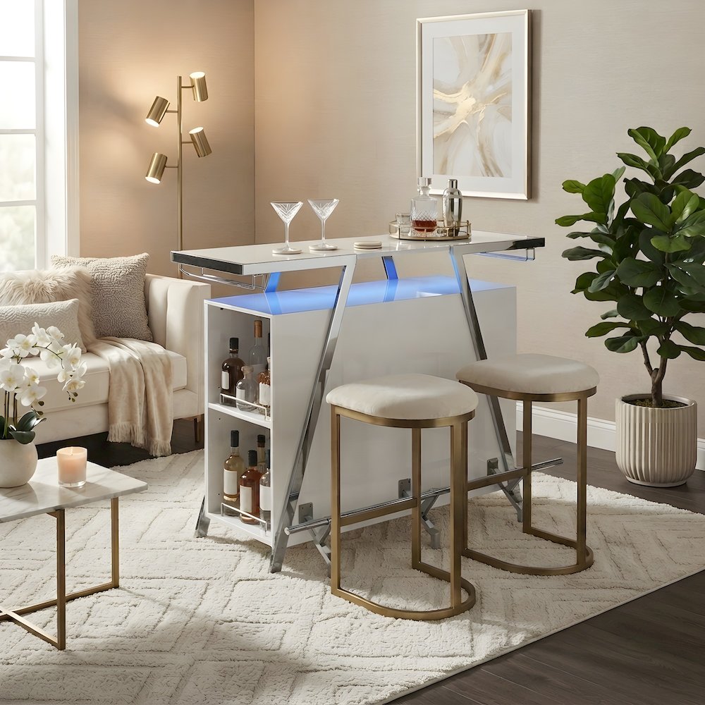 Wood Coffee Bar Cabinet Sideboard with LED Lights, White High Gloss