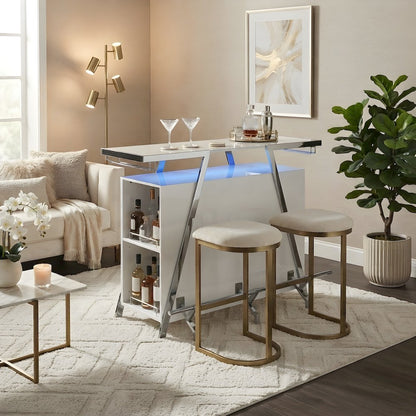 Wood Coffee Bar Cabinet Sideboard with LED Lights, White High Gloss