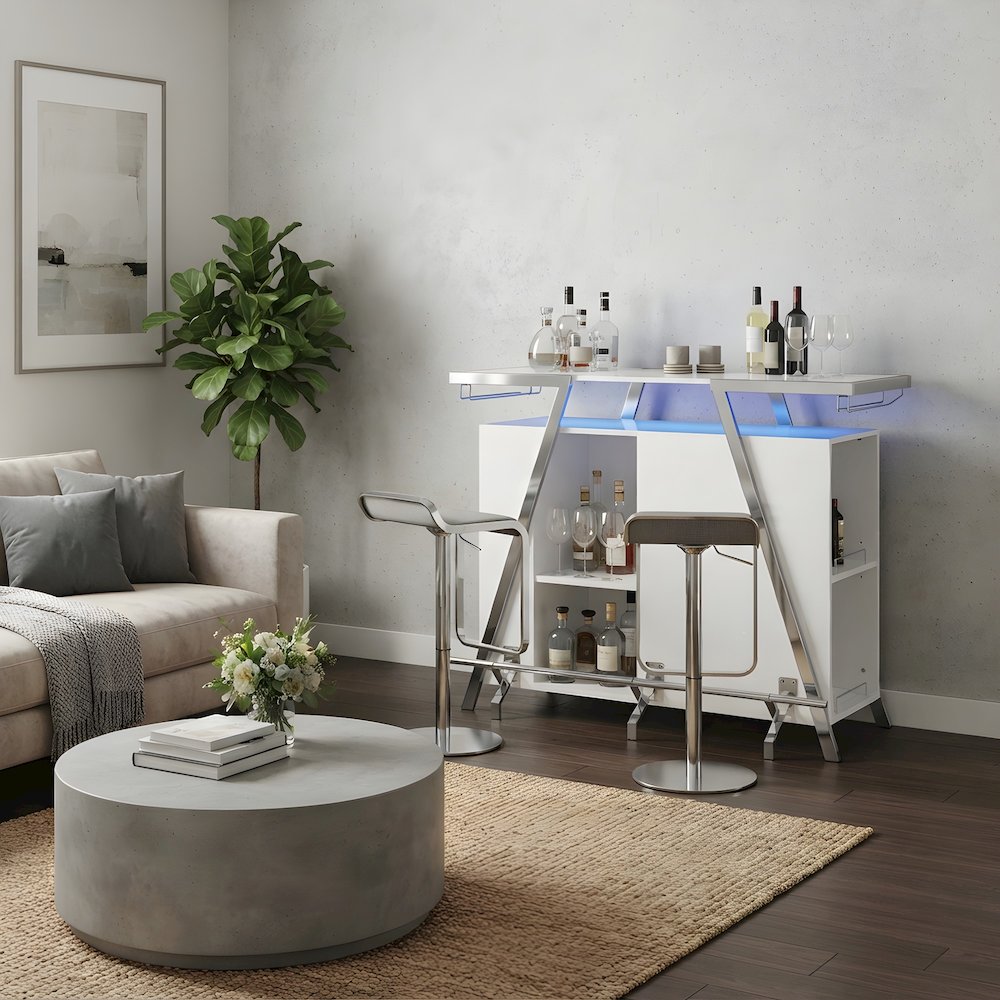 Wood Coffee Bar Cabinet Sideboard with LED Lights, White High Gloss