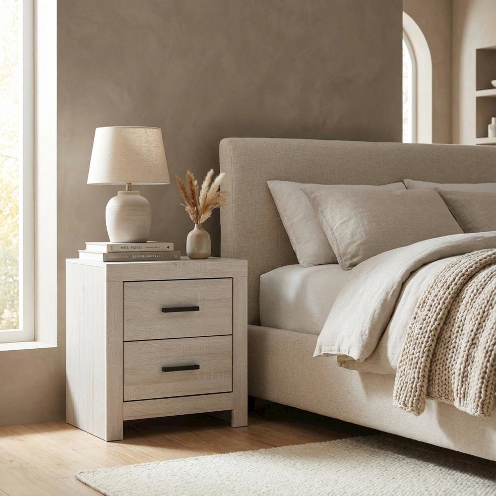 Coastal White Nightstand with 2 Drawers and Farmhouse Style