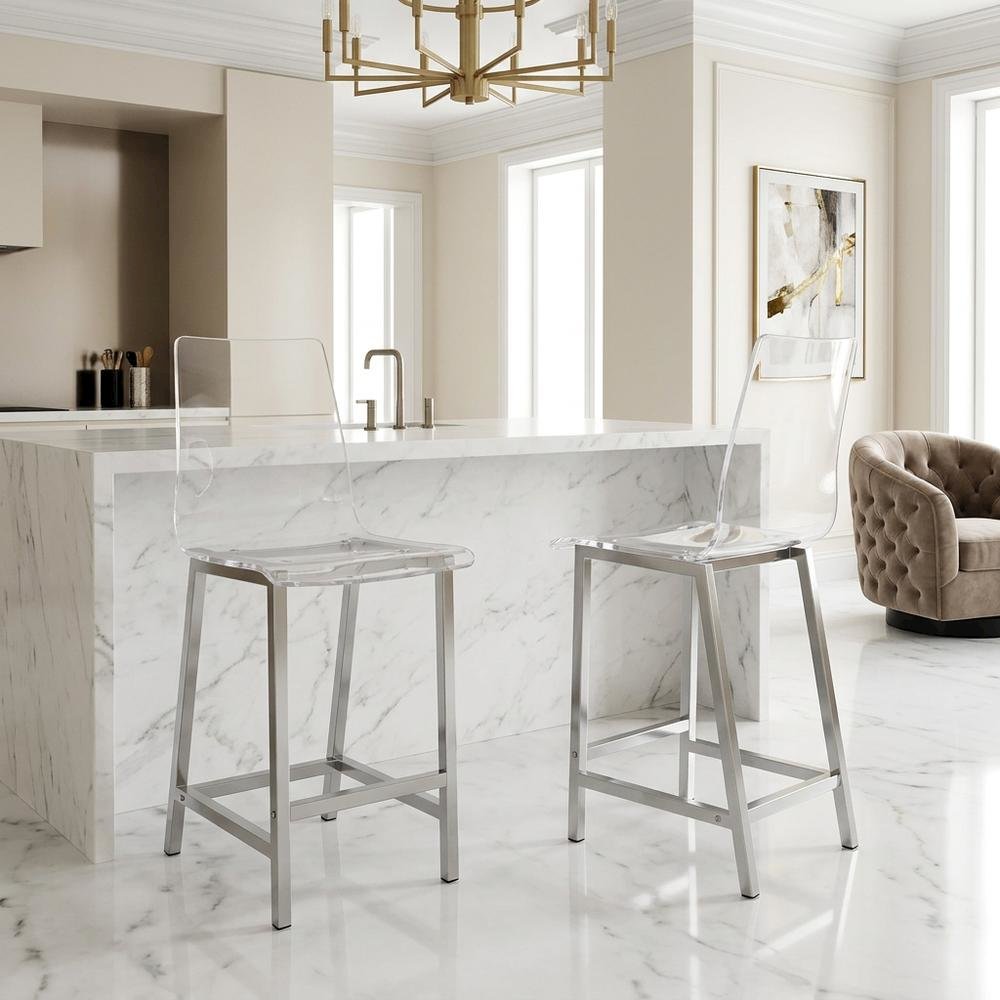 Acrylic Counter Stools with Chrome Base for Kitchen, Clear, Set of 2