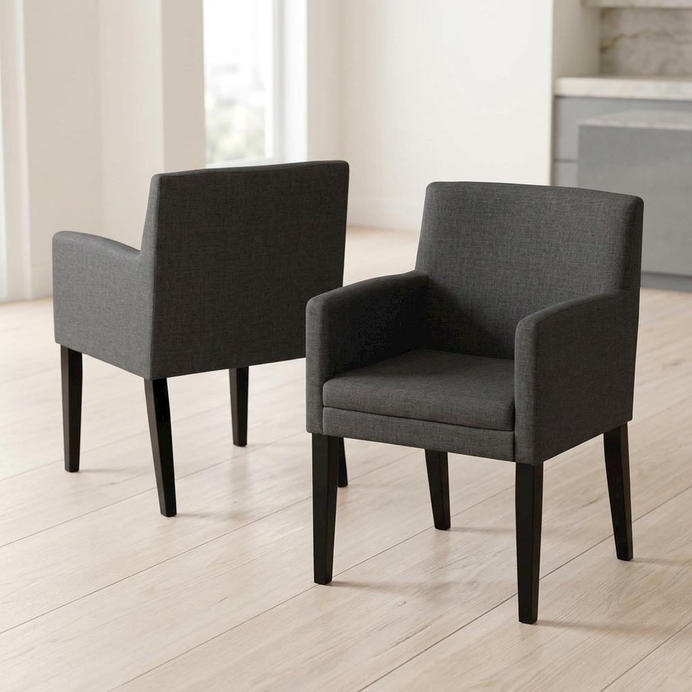 Upholstered Dining Arm Chair with Wood Legs, Grey, Set of 2