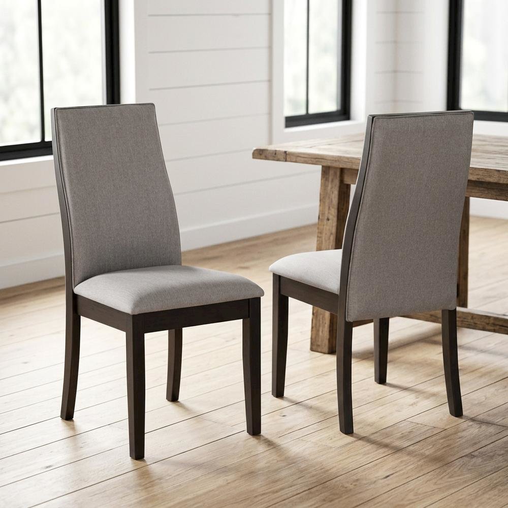 Polyester Upholstered Farmhouse Dining Chair, Espresso Legs, Taupe, Set of 2