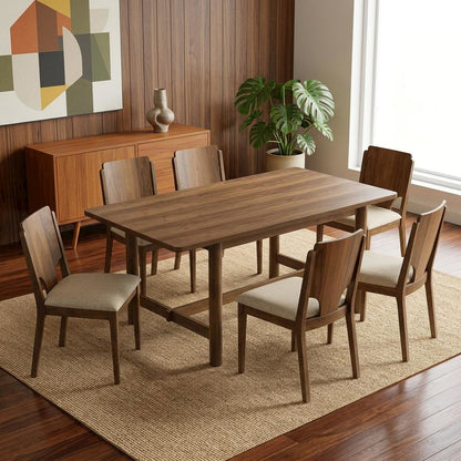 Wood Mid-Century Modern Rectangular Dining Table with Upholstered Chairs, Walnut