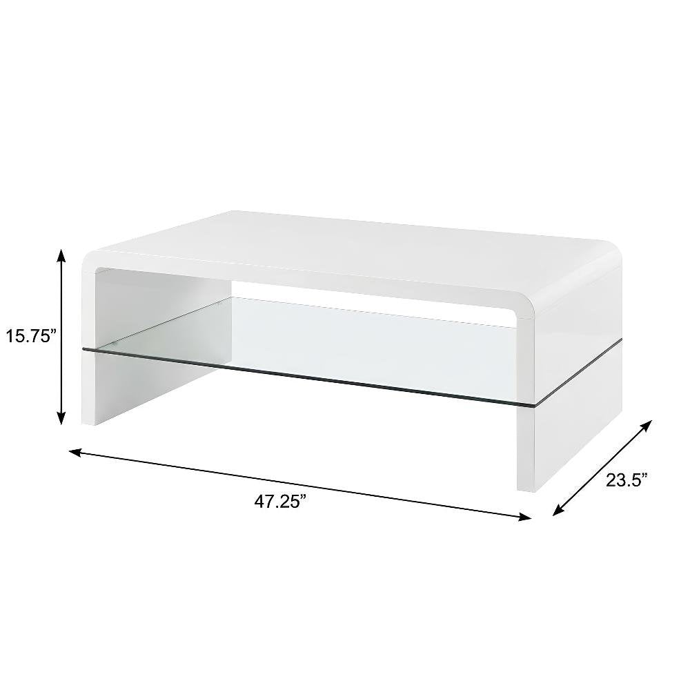 Rectangular White High Gloss Coffee Table with Shelf Contemporary Design