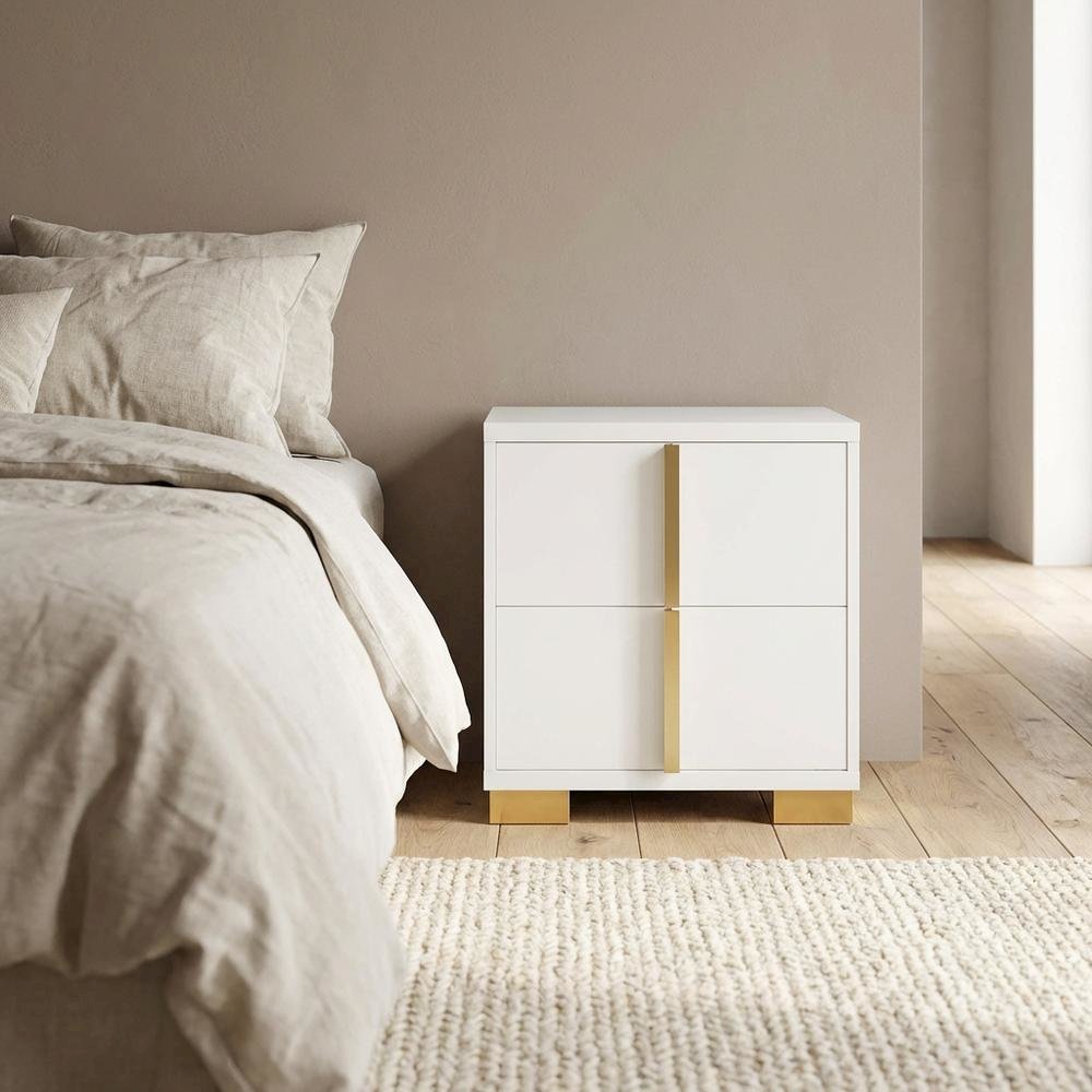 White 2-Drawer Nightstand with Metal Legs and Contemporary Design