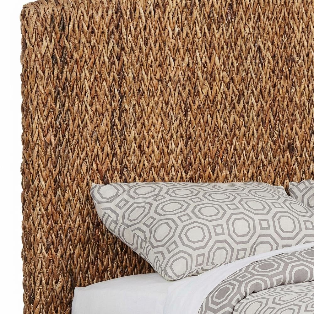 Brown Woven Banana Leaf Queen Panel Headboard, Honey Wood Legs, Coastal
