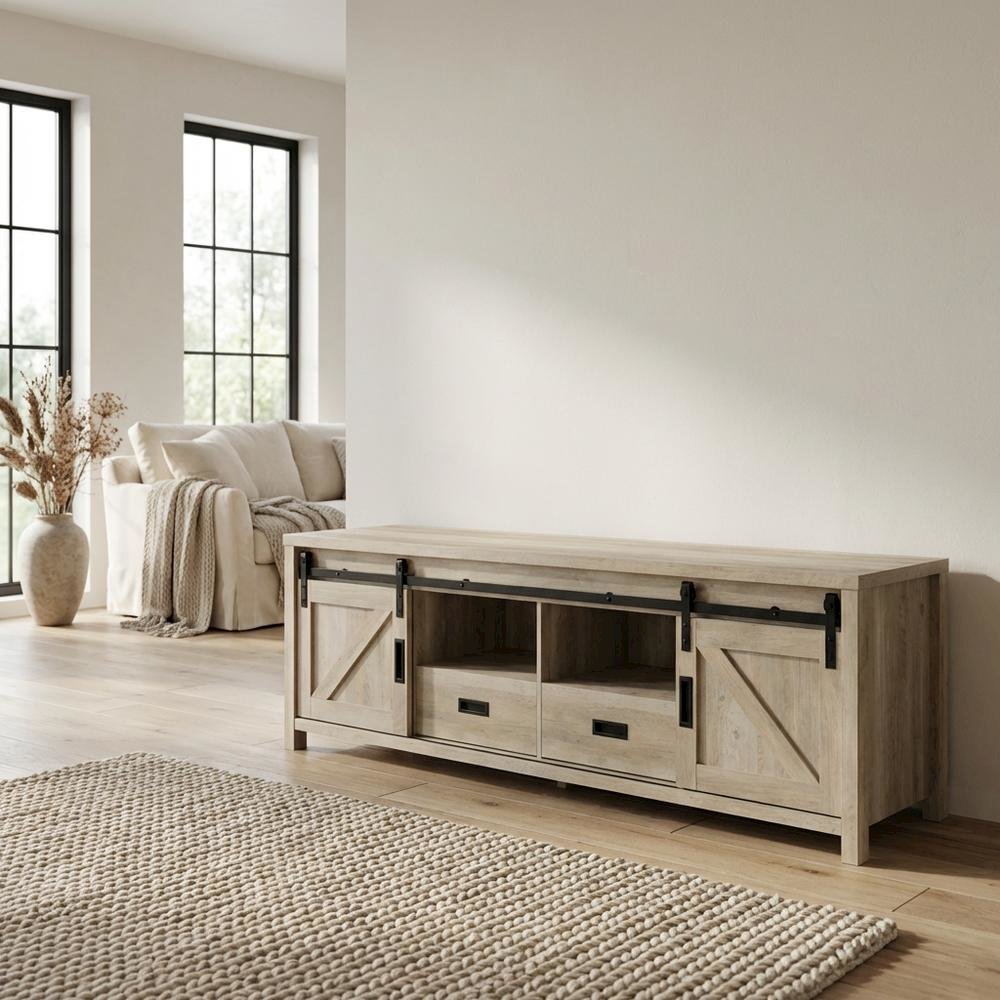 Brown Wood 2-Door TV Stand with Farmhouse Design and Distressed Finish