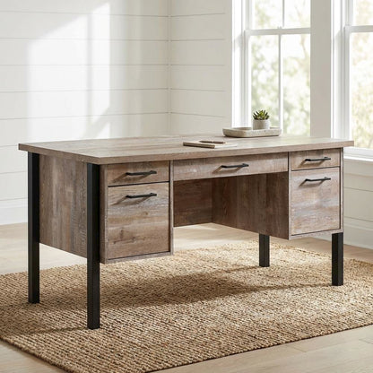 Weathered Oak 60-Inch Office Desk With 4 Drawers, Farmhouse Style For Workspace