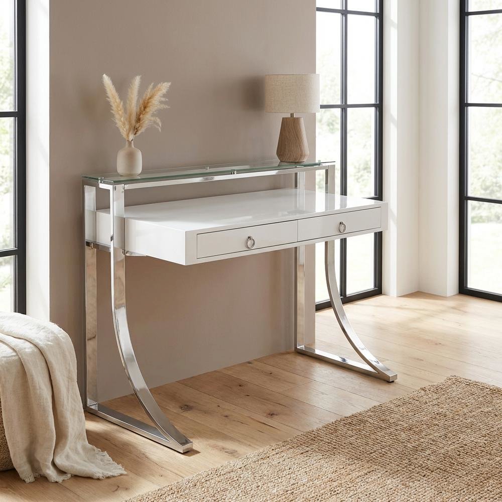 White High Gloss 48-Inch Office Desk With 2 Drawers And Contemporary Style