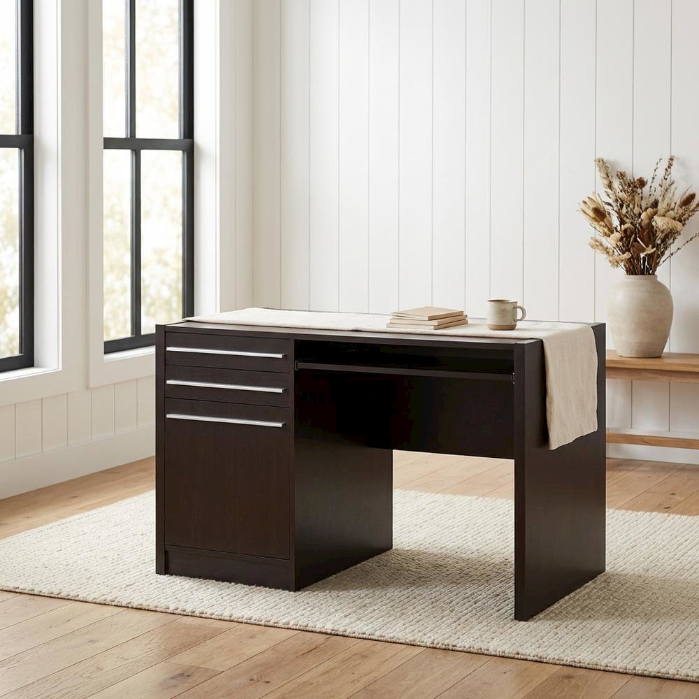Contemporary Brown Office Desk With 2 Drawers And Cabinet For Workspace