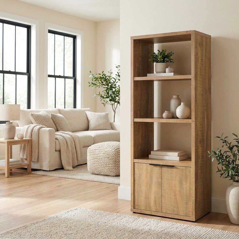 Farmhouse Style Brown Wood Media Tower With 3 Shelves For Living Room Storage