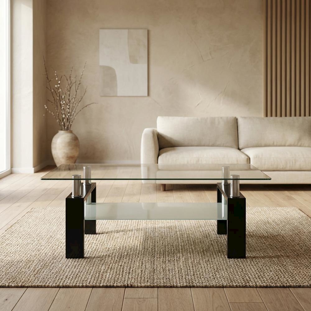 Rectangular Black Glass Top Coffee Table with 1 Shelf for Living Room