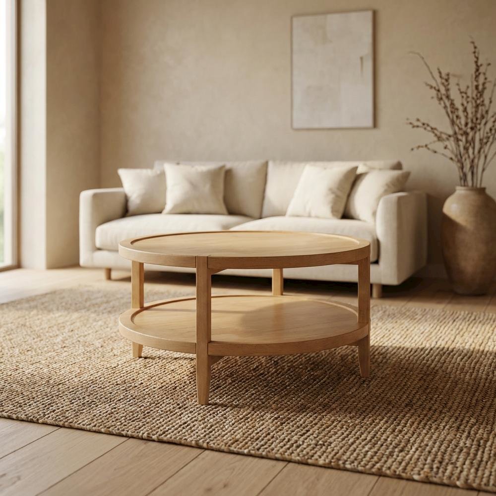 Round Maple Brown Solid Wood Coffee Table with Transitional Style