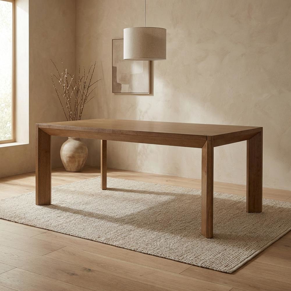 Natural Brown Rectangular Dining Table, Contemporary Wood, Seats 6