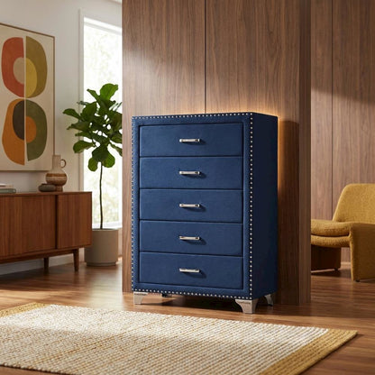 Pacific Blue 5-Drawer Bedroom Chest, Upholstered, Chrome Legs, 35 Inch