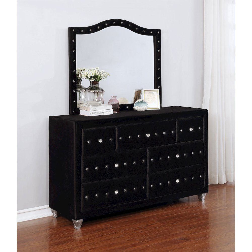Deanna 7-drawer Upholstered Dresser with Mirror Black