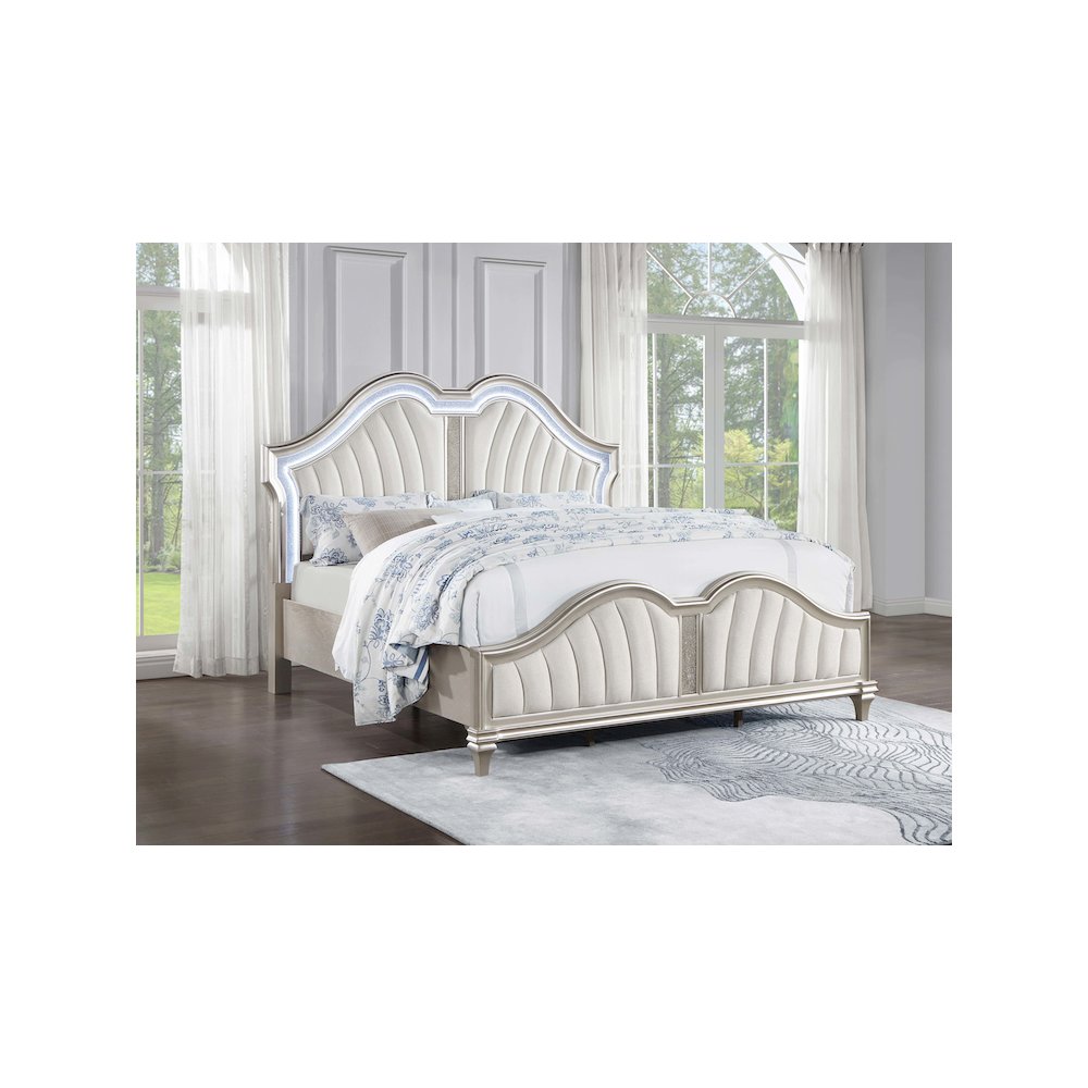 Evangeline Wood Eastern King LED Panel Bed Silver Oak