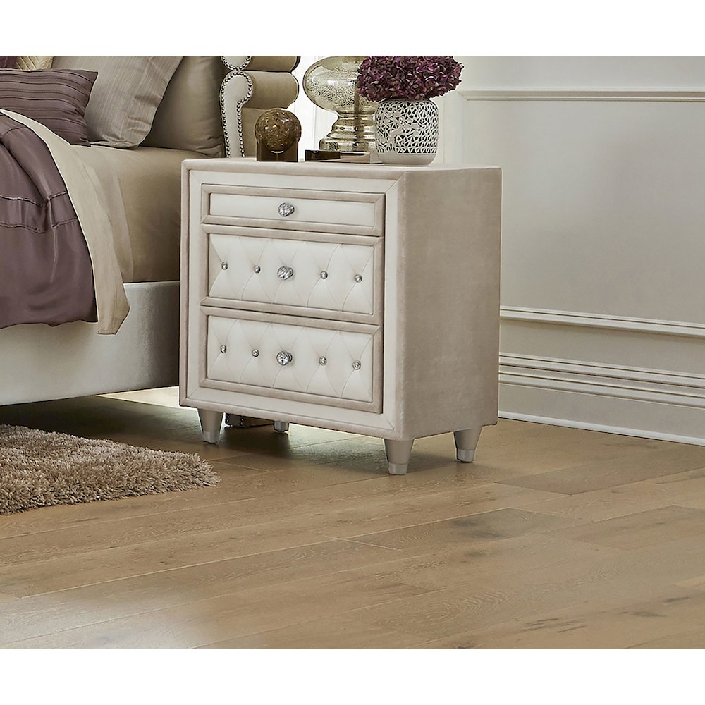 Antonella Upholstered 3-drawer Nightstand Ivory and Camel