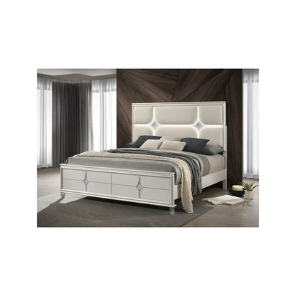 Olivia Queen Panel Bed LED Headboard Pearl White