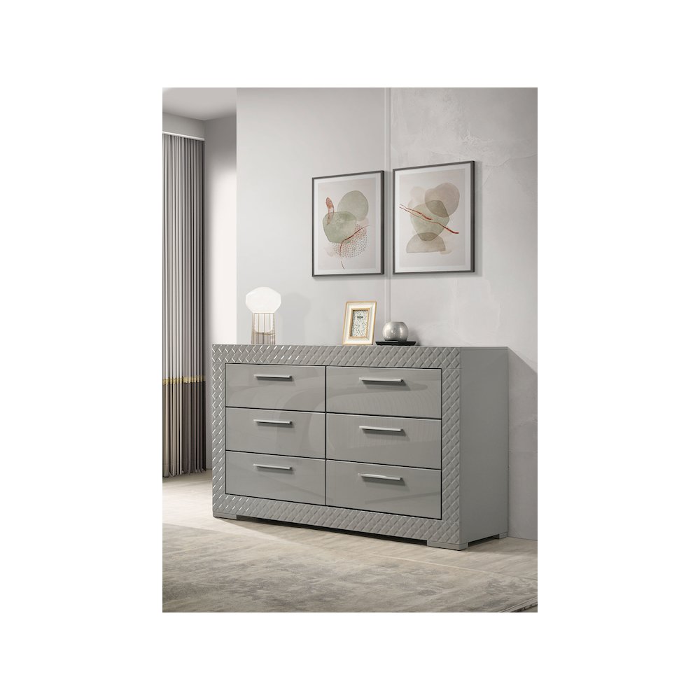 Ives 6-drawer Dresser Cabinet Grey High Gloss