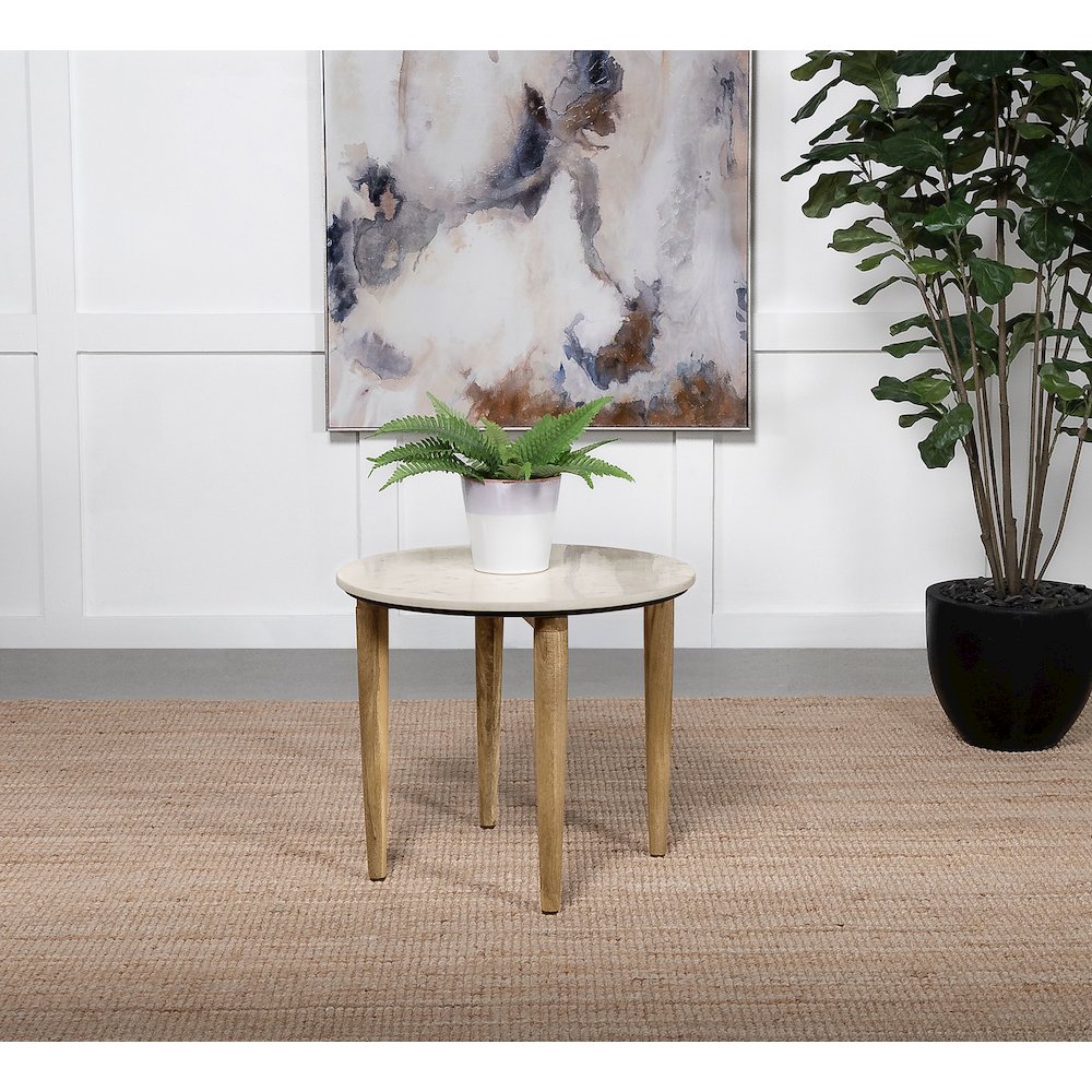 Aldis Round Marble Top Side End Table White and Natural